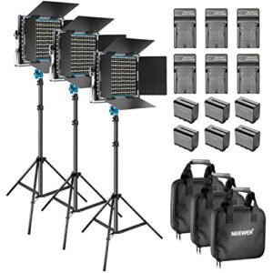 Neewer - Ensemble de 3 lumières bicolores, 660 LED, avec barndoor et 6,5 pieds de lumière, kit d'éclairage 6 pièces, 6600 mAh Li-ion et chargeur pour le tournage en studio vidéo (bleu)